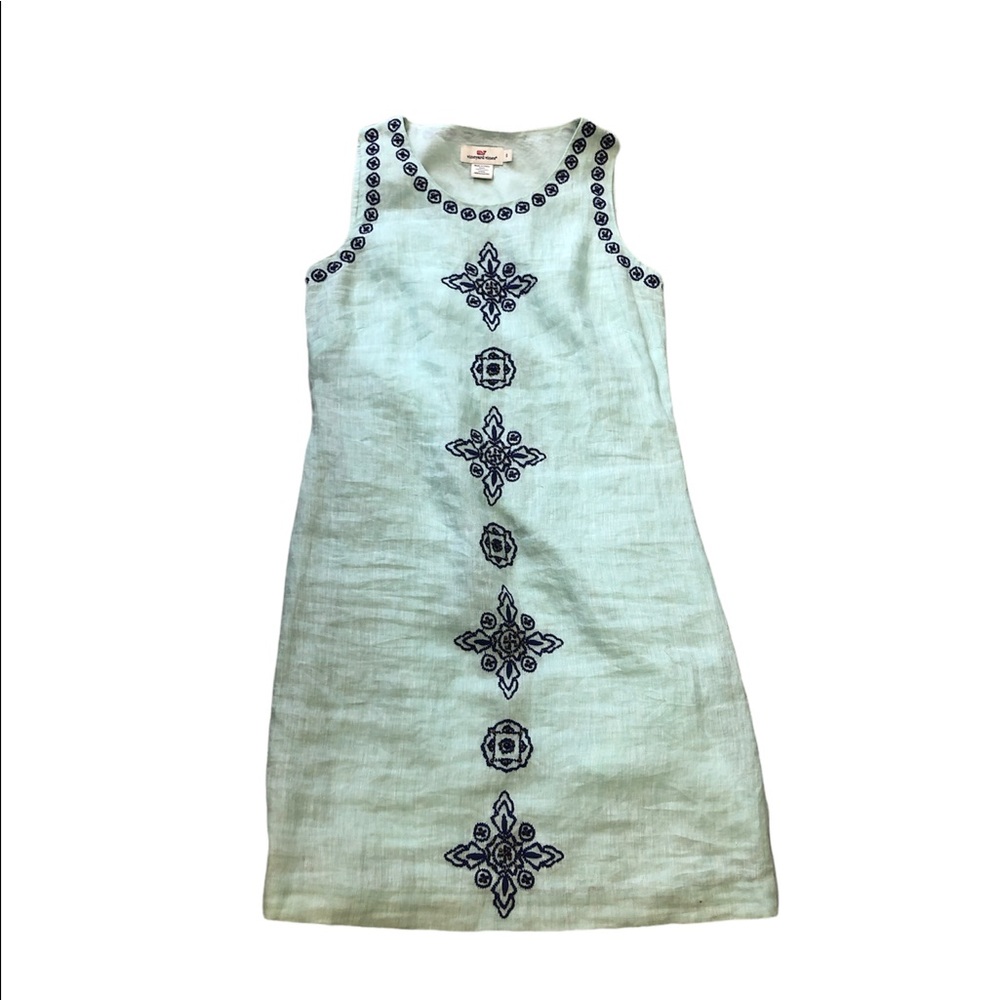 Vineyard Vines Teal Linen Embroidered Midi Tank Dress